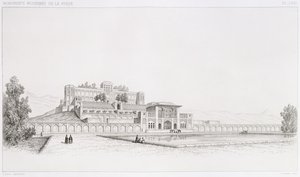 Näkymä Golestan Qajarin palatsista Kasr l Kadjar Teheranissa Persian Voyage Pittoresquesta, kaivertanut Joseph Durond (s.1816), julkaissut Lemercier, Pariisi, 1856